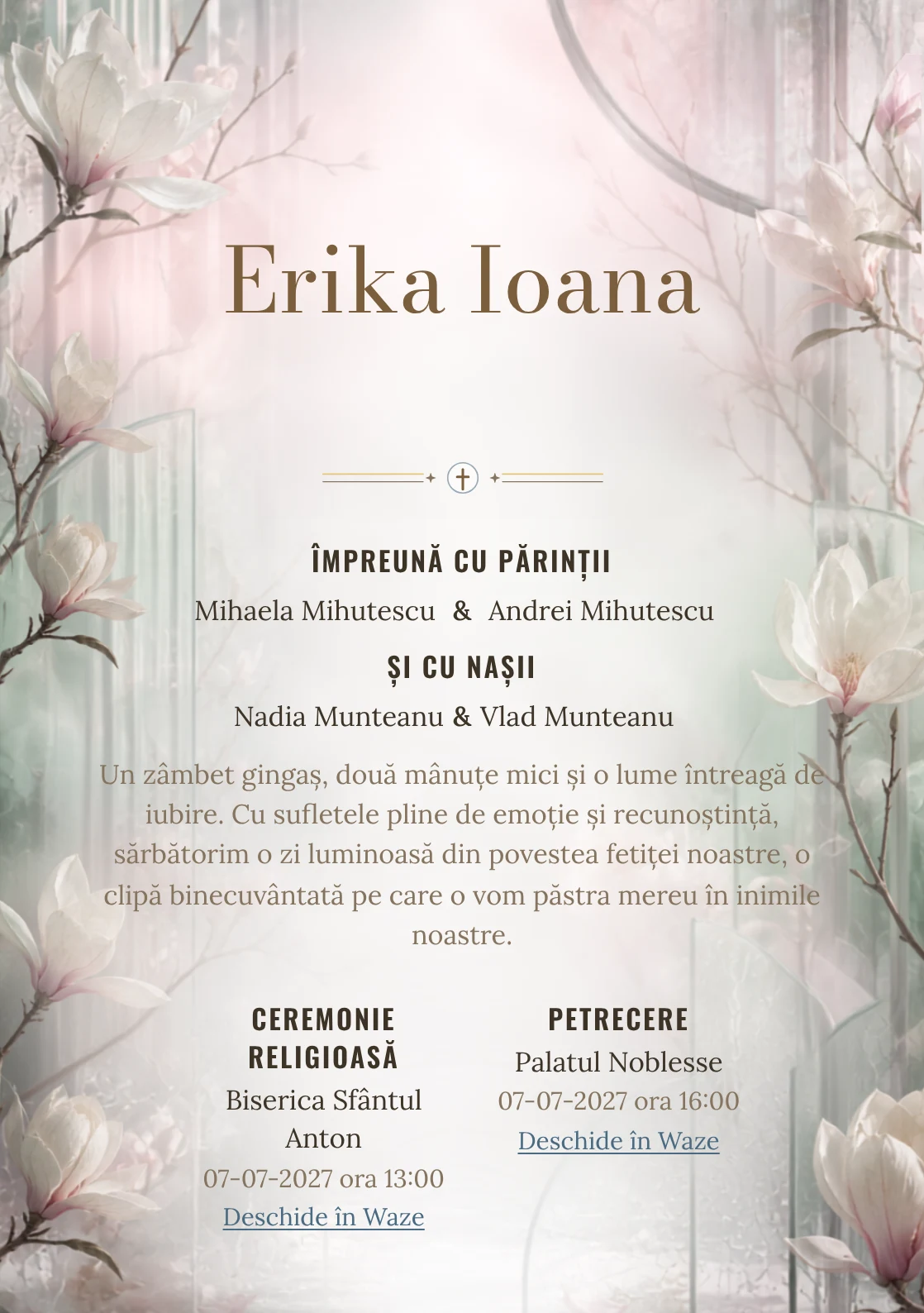 Sera cu Magnolii, din gama de invitații botez fetiță, combină magnolii mari în interiorul unei sere abstracte cu panouri, condens și ramuri rare, într-o imagine coerentă de botez.