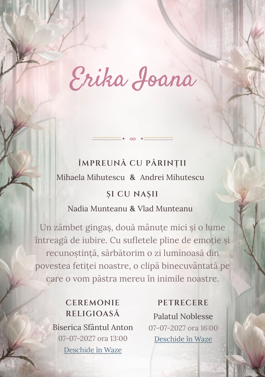 Sera cu Magnolii, din gama de invitații botez fetiță, combină magnolii mari în interiorul unei sere abstracte cu panouri, condens și ramuri rare, într-o imagine coerentă de botez.