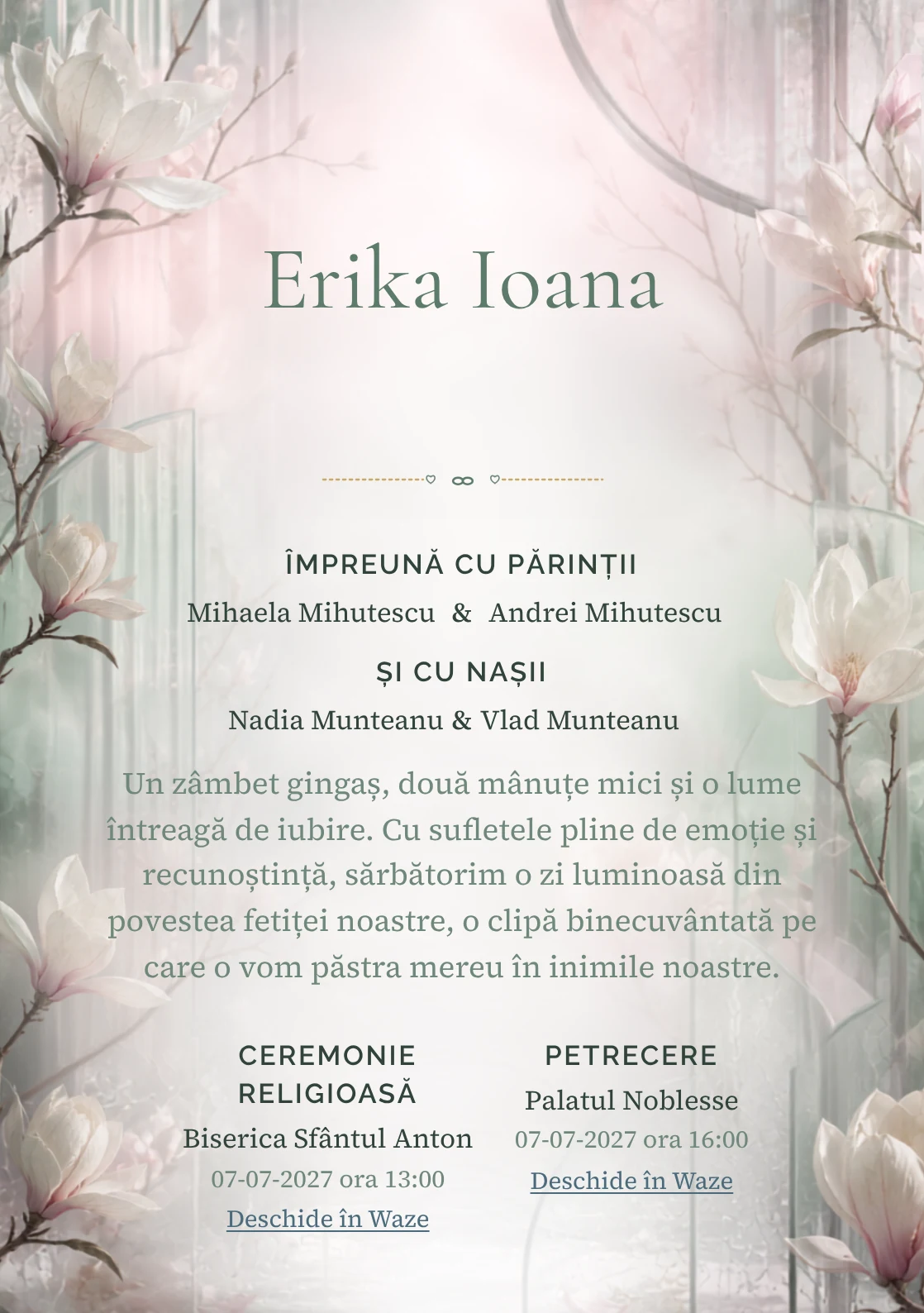 Sera cu Magnolii, din gama de invitații botez fetiță, combină magnolii mari în interiorul unei sere abstracte cu panouri, condens și ramuri rare, într-o imagine coerentă de botez.