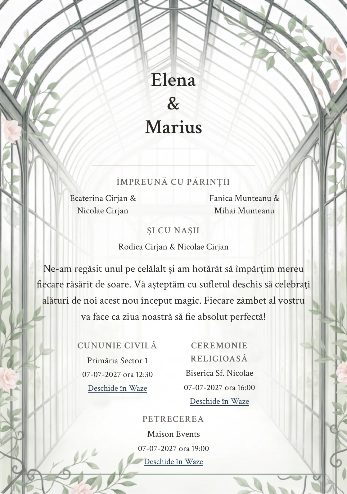 Sera de Lumină, pentru o invitație de nuntă, prezintă seră înaltă cu nervuri fine de fier, completat vizual de nuanțe de alb seră, verde sticlă și gri fier forjat.