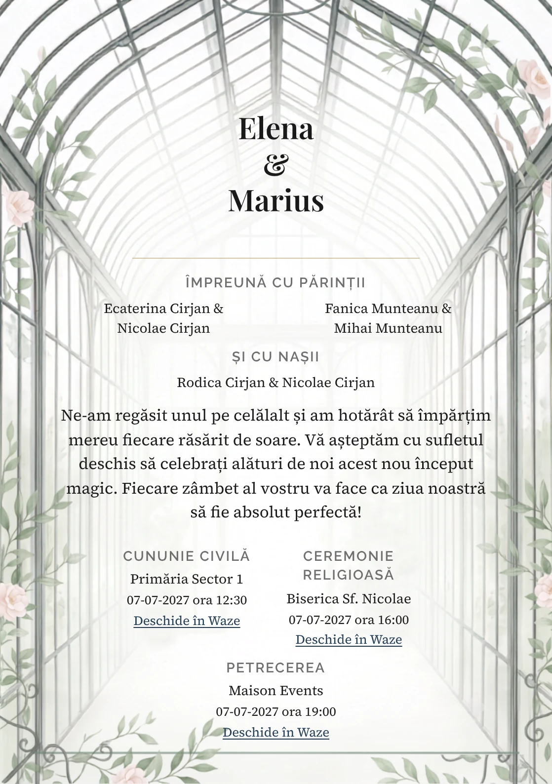 Sera de Lumină, pentru o invitație de nuntă, prezintă seră înaltă cu nervuri fine de fier, completat vizual de nuanțe de alb seră, verde sticlă și gri fier forjat.