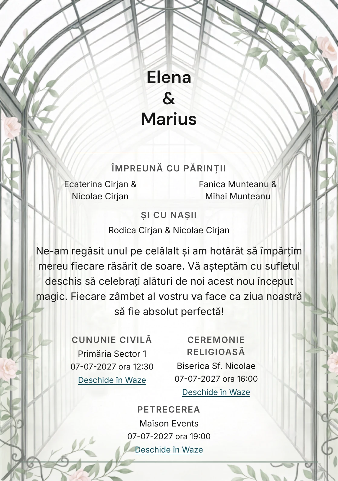 Sera de Lumină, pentru o invitație de nuntă, prezintă seră înaltă cu nervuri fine de fier, completat vizual de nuanțe de alb seră, verde sticlă și gri fier forjat.