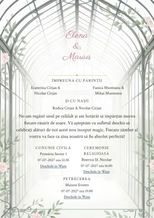 Sera de Lumină, pentru o invitație de nuntă, prezintă seră înaltă cu nervuri fine de fier, completat vizual de nuanțe de alb seră, verde sticlă și gri fier forjat.