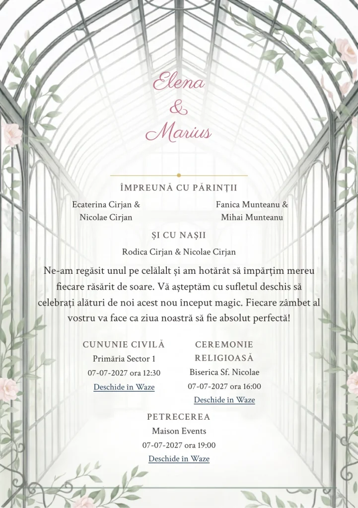 Sera de Lumină, pentru o invitație de nuntă, prezintă seră înaltă cu nervuri fine de fier, completat vizual de nuanțe de alb seră, verde sticlă și gri fier forjat.