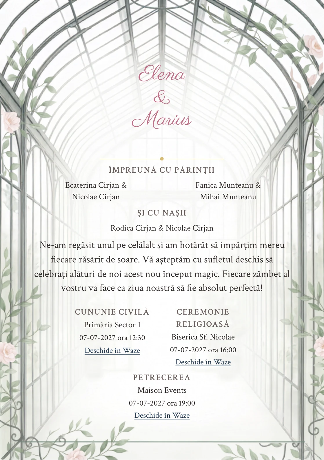 Sera de Lumină, pentru o invitație de nuntă, prezintă seră înaltă cu nervuri fine de fier, completat vizual de nuanțe de alb seră, verde sticlă și gri fier forjat.