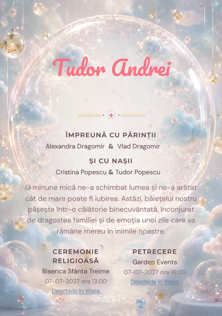 Designul Sfera Norilor, din gama de invitații botez, reunește o sferă transparentă cu confetti cu microgloburi.