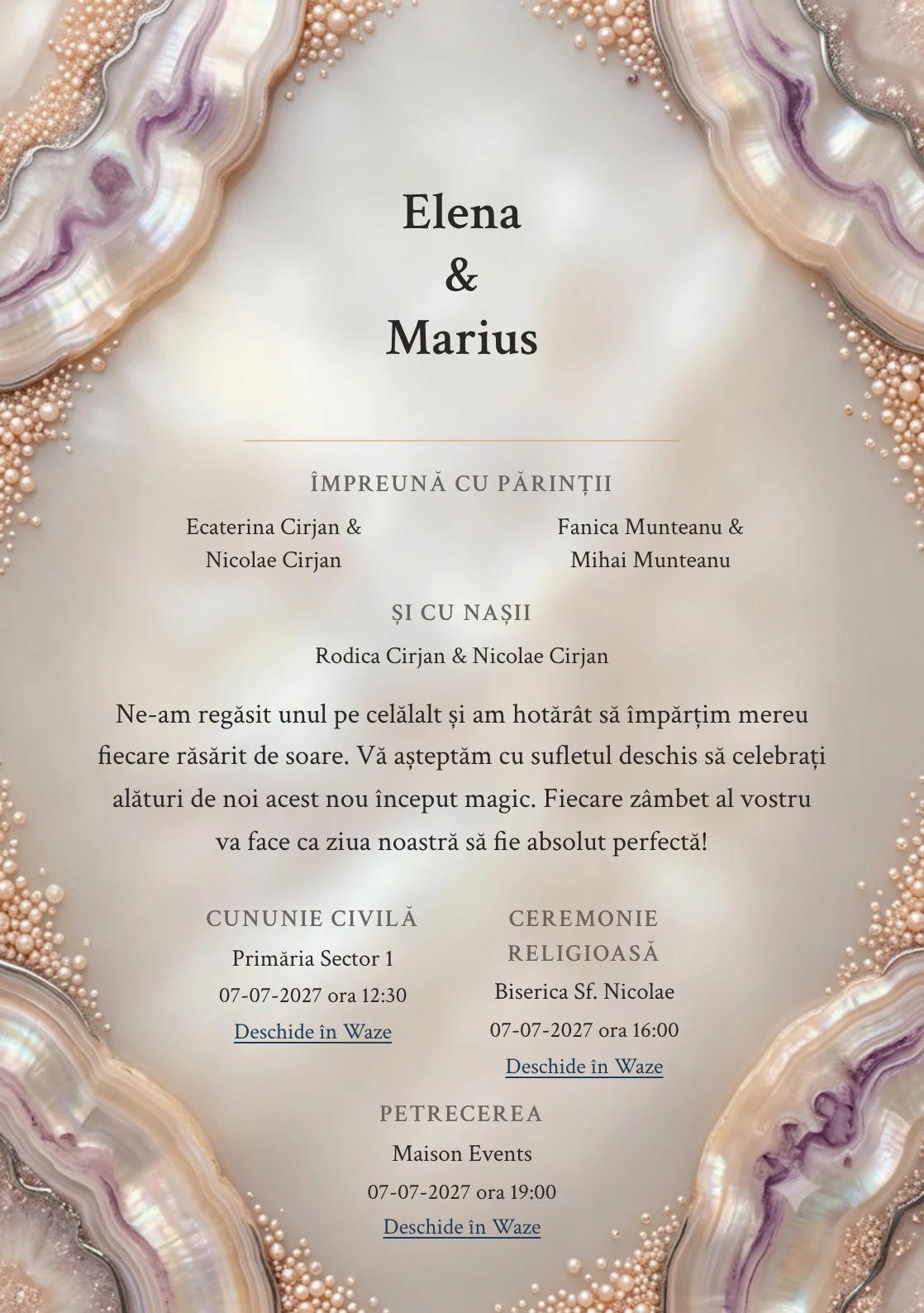Sidef de Piatră, pentru o invitație de nuntă, are ca reper vizual disc sidefat mineral cu accent aubergine, în nuanțe de sidef piersică.