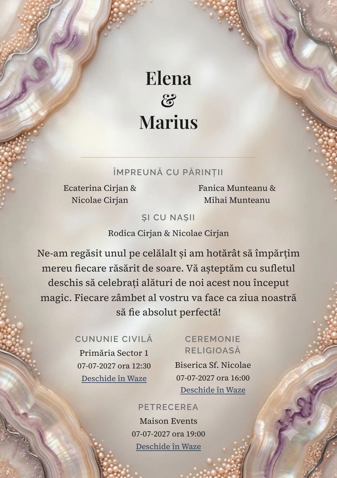 Sidef de Piatră, pentru o invitație de nuntă, are ca reper vizual disc sidefat mineral cu accent aubergine, în nuanțe de sidef piersică.