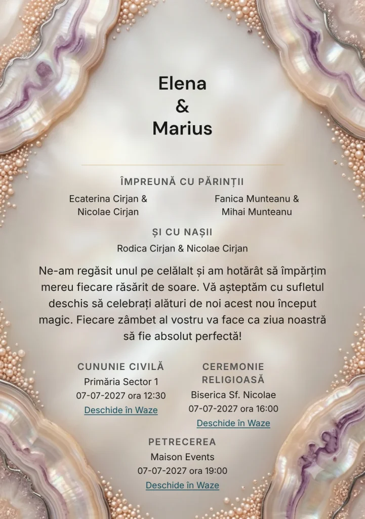 Sidef de Piatră, pentru o invitație de nuntă, are ca reper vizual disc sidefat mineral cu accent aubergine, în nuanțe de sidef piersică.