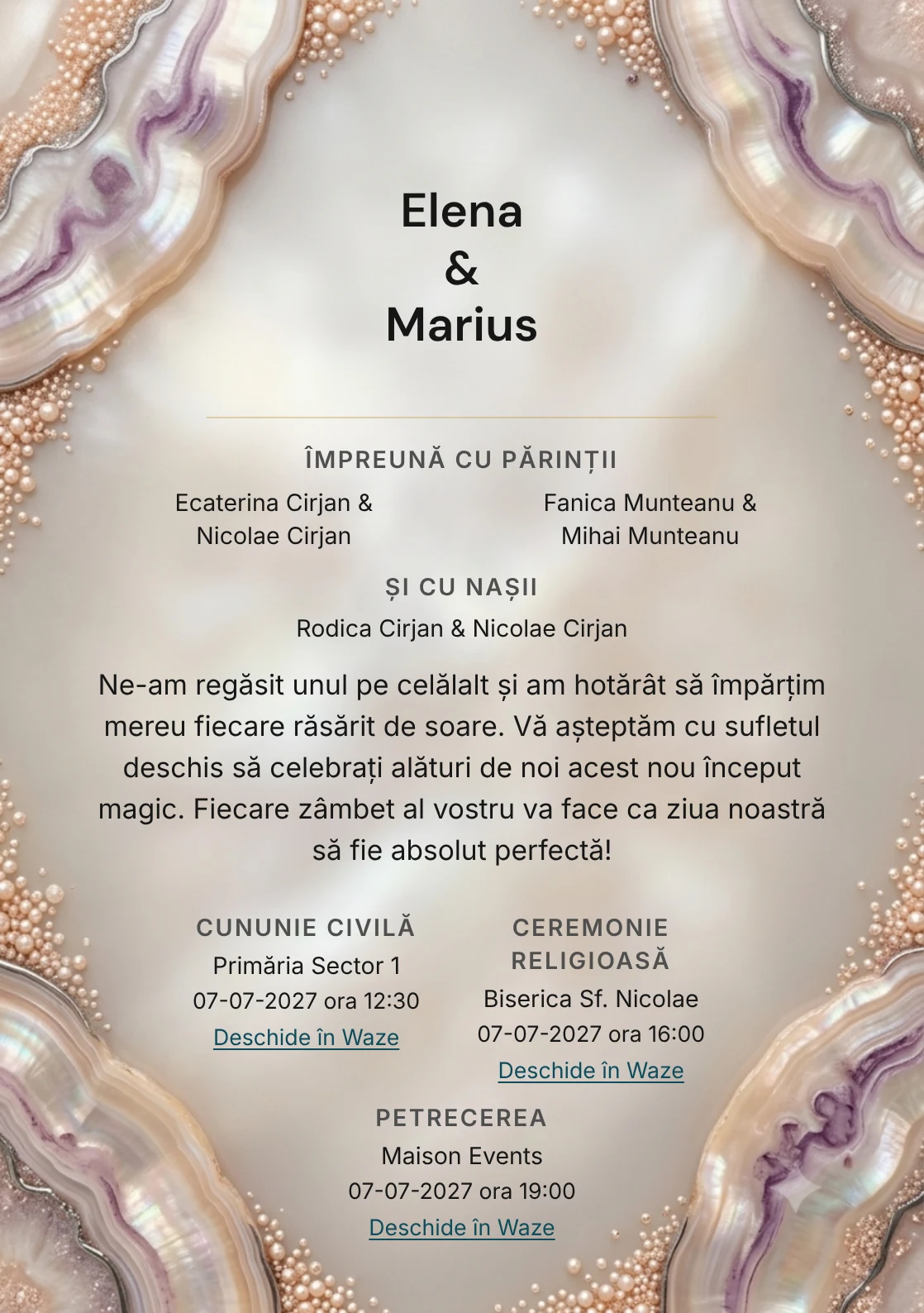 Sidef de Piatră, pentru o invitație de nuntă, are ca reper vizual disc sidefat mineral cu accent aubergine, în nuanțe de sidef piersică.