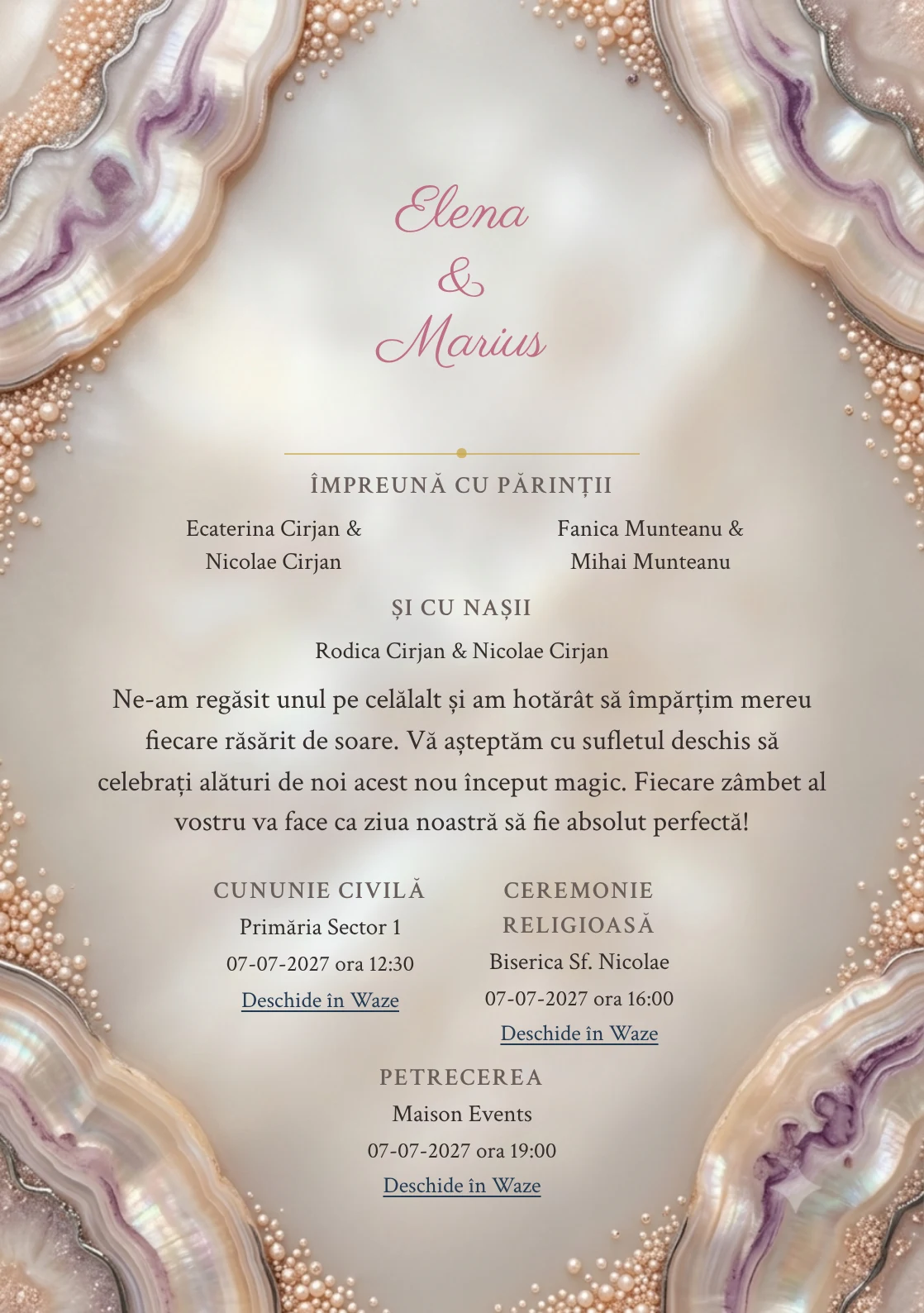 Sidef de Piatră, pentru o invitație de nuntă, are ca reper vizual disc sidefat mineral cu accent aubergine, în nuanțe de sidef piersică.
