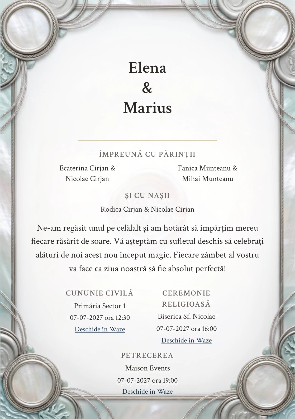 Imaginea Sidef Sigilat, pentru invitații de nuntă, este definită de medalion perlat fără simbol și tonuri de ceară gri perlat, alb opal și verde acvatic pal.