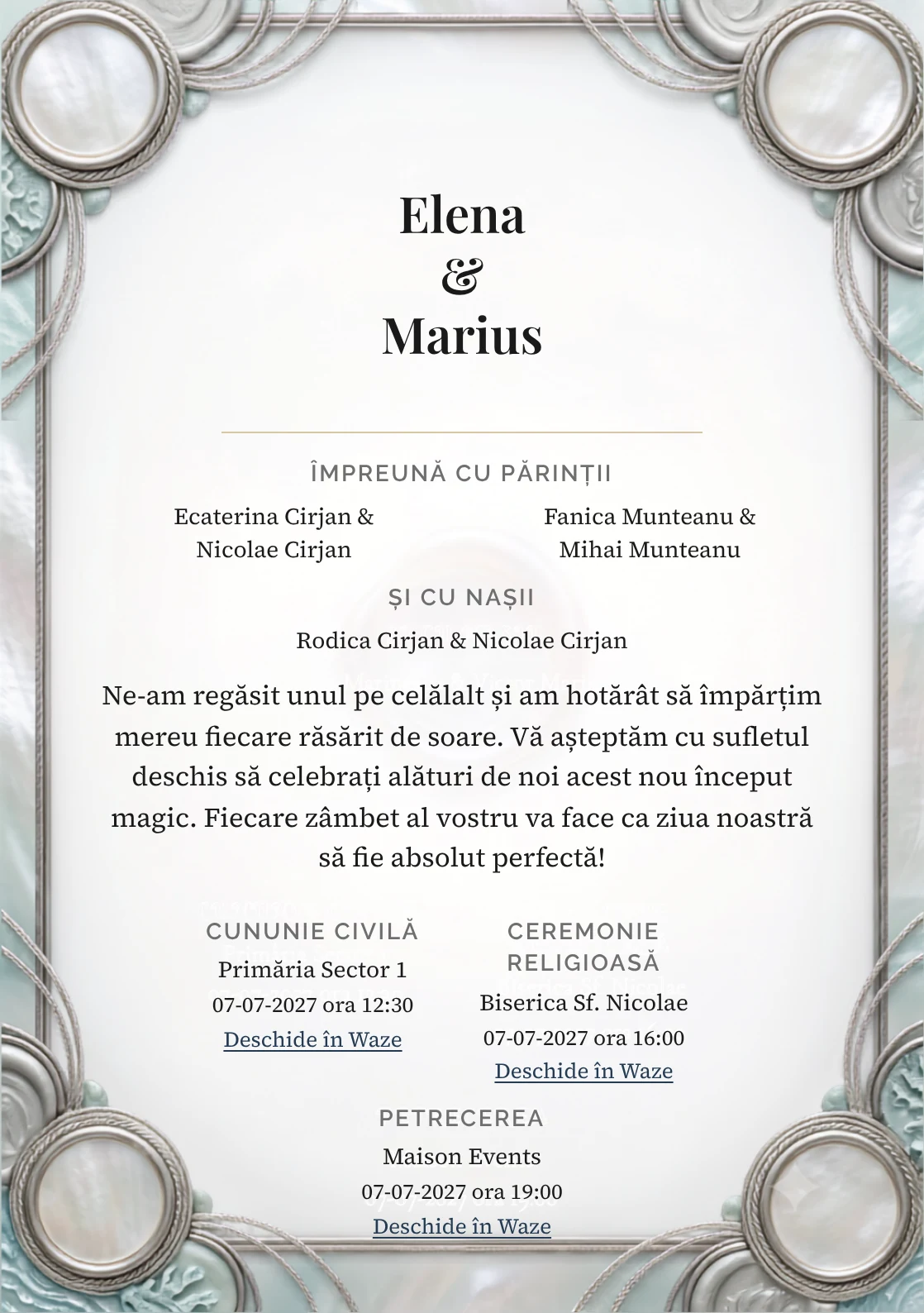 Imaginea Sidef Sigilat, pentru invitații de nuntă, este definită de medalion perlat fără simbol și tonuri de ceară gri perlat, alb opal și verde acvatic pal.
