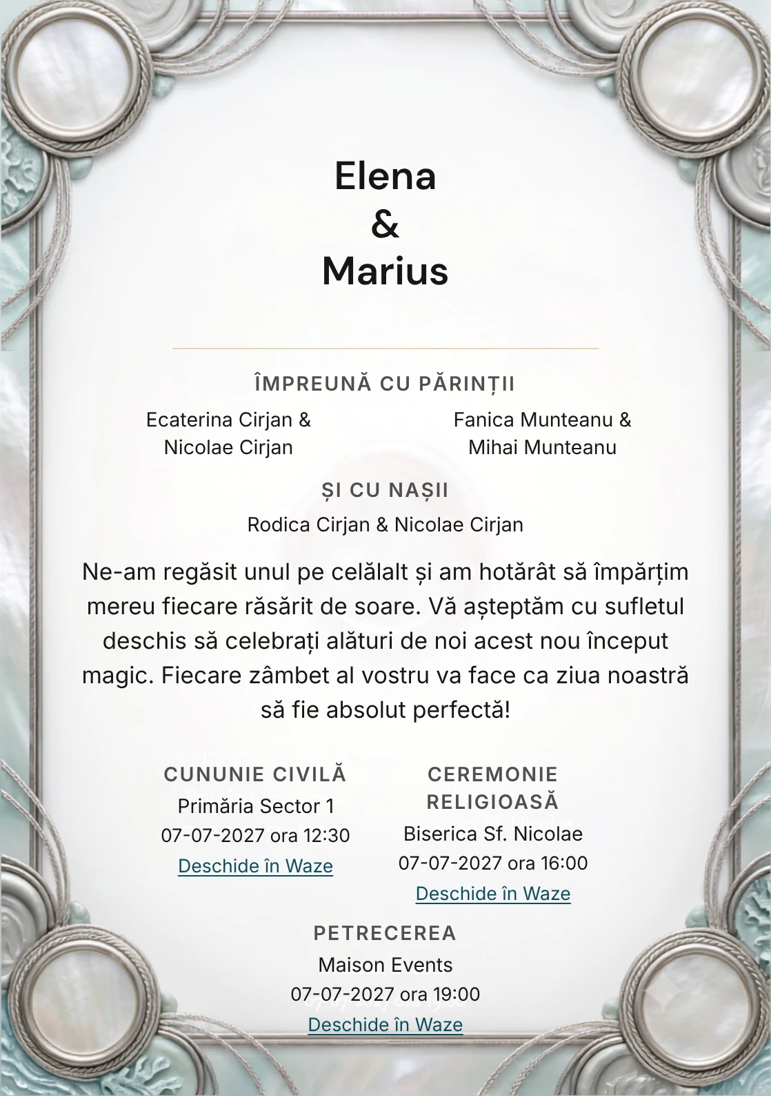 Imaginea Sidef Sigilat, pentru invitații de nuntă, este definită de medalion perlat fără simbol și tonuri de ceară gri perlat, alb opal și verde acvatic pal.