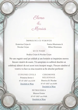 Imaginea Sidef Sigilat, pentru invitații de nuntă, este definită de medalion perlat fără simbol și tonuri de ceară gri perlat, alb opal și verde acvatic pal.