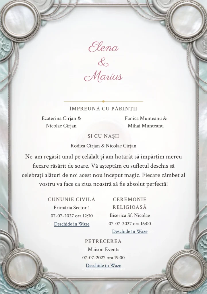 Imaginea Sidef Sigilat, pentru invitații de nuntă, este definită de medalion perlat fără simbol și tonuri de ceară gri perlat, alb opal și verde acvatic pal.