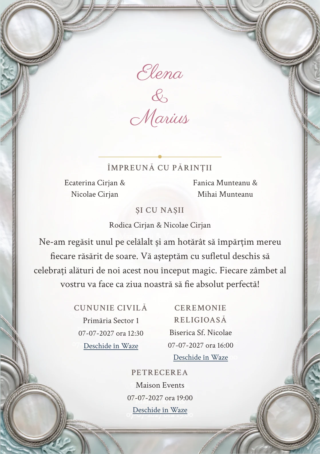 Imaginea Sidef Sigilat, pentru invitații de nuntă, este definită de medalion perlat fără simbol și tonuri de ceară gri perlat, alb opal și verde acvatic pal.