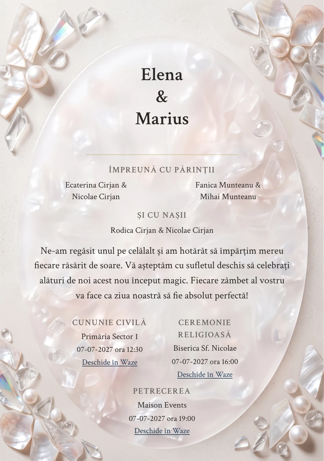 Sidef Translucid, pentru o invitație de nuntă, prezintă oval acrilic lăptos cu incluziuni perlate, completat vizual de nuanțe de alb lăptos, roz scoică și bej calcar.