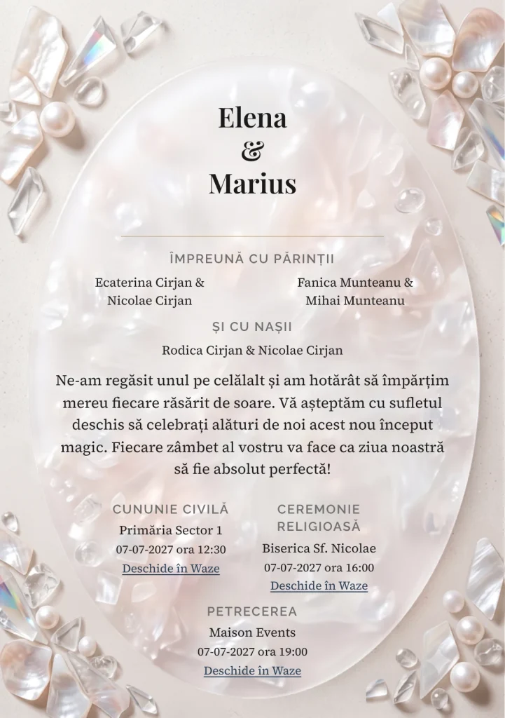 Sidef Translucid, pentru o invitație de nuntă, prezintă oval acrilic lăptos cu incluziuni perlate, completat vizual de nuanțe de alb lăptos, roz scoică și bej calcar.