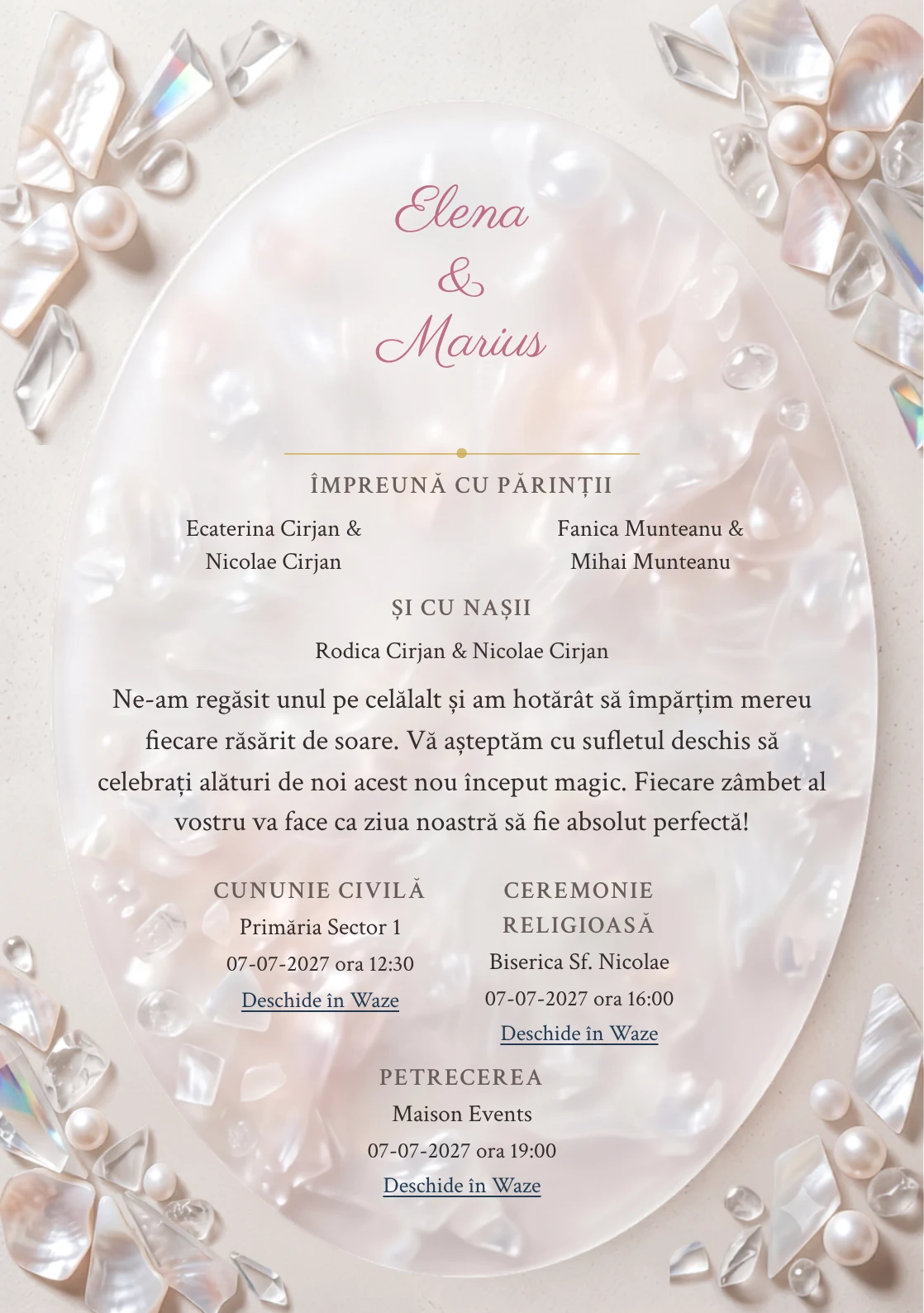 Sidef Translucid, pentru o invitație de nuntă, prezintă oval acrilic lăptos cu incluziuni perlate, completat vizual de nuanțe de alb lăptos, roz scoică și bej calcar.