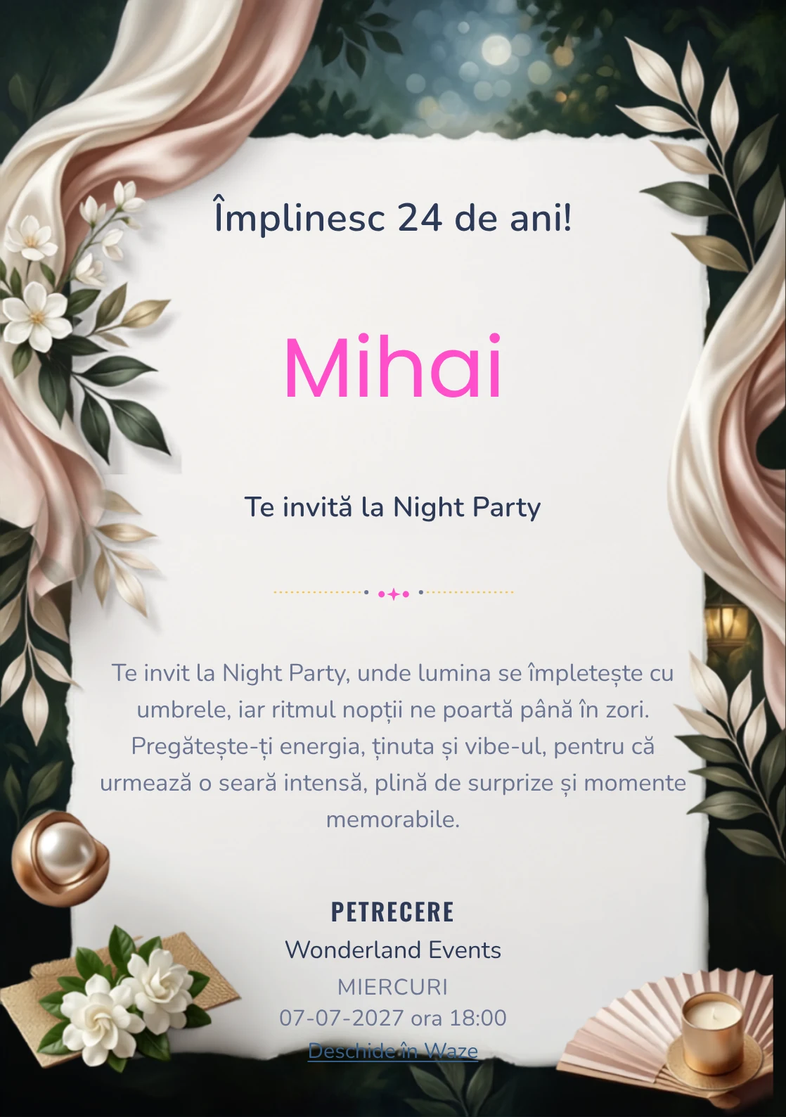 Silk Garden Night este un model de invitații digitale pentru o aniversare adultă, definit vizual de drapaje mătăsoase și frunze.