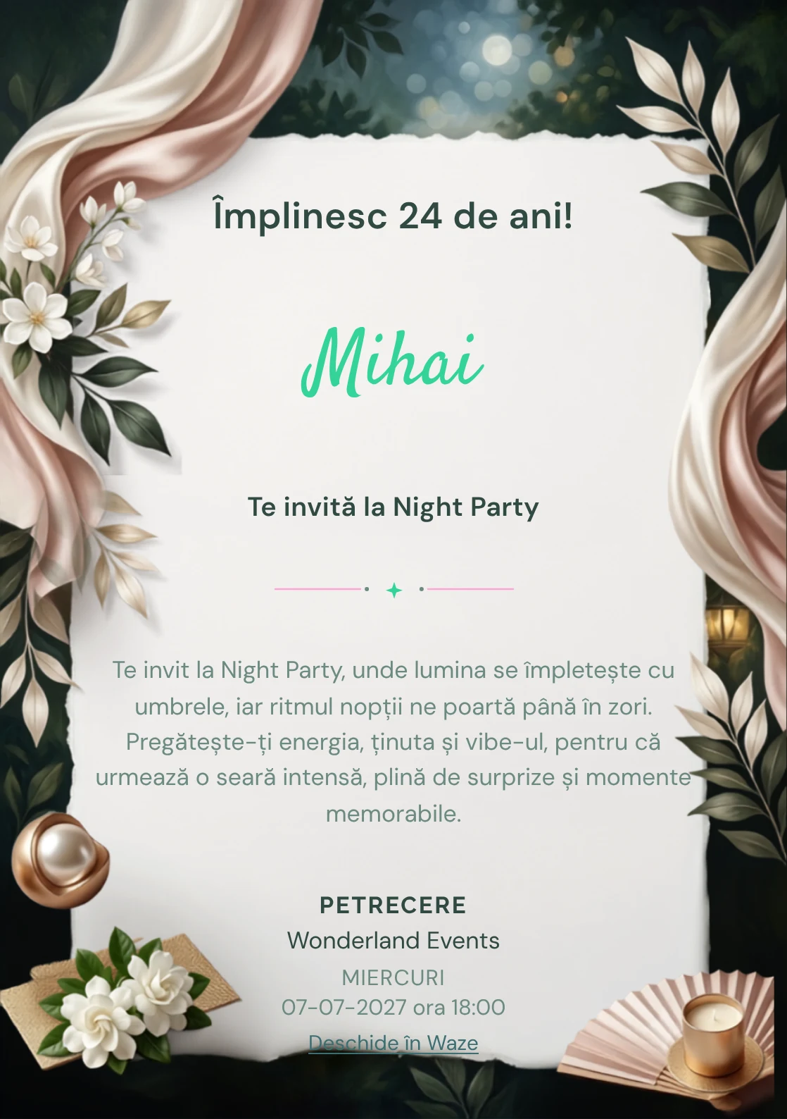 Silk Garden Night este un model de invitații digitale pentru o aniversare adultă, definit vizual de drapaje mătăsoase și frunze.