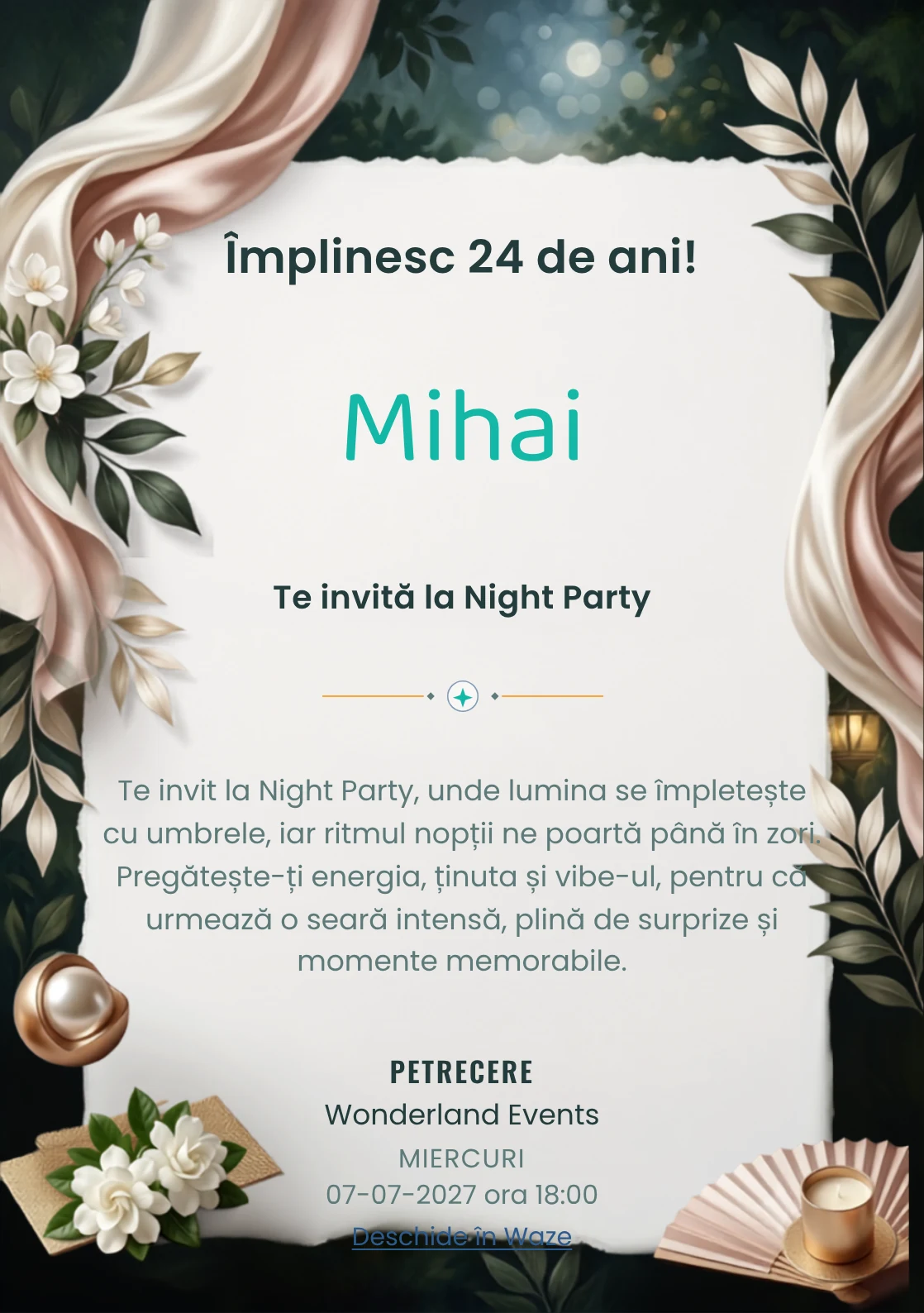 Silk Garden Night este un model de invitații digitale pentru o aniversare adultă, definit vizual de drapaje mătăsoase și frunze.