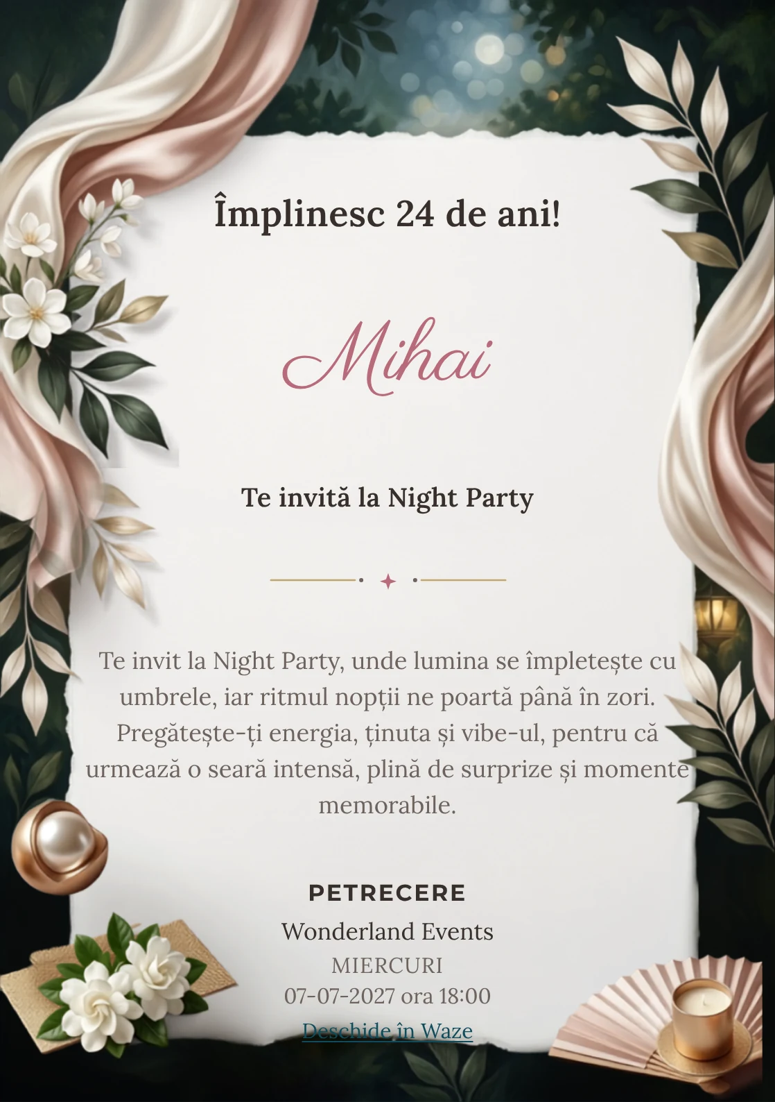 Silk Garden Night este un model de invitații digitale pentru o aniversare adultă, definit vizual de drapaje mătăsoase și frunze.
