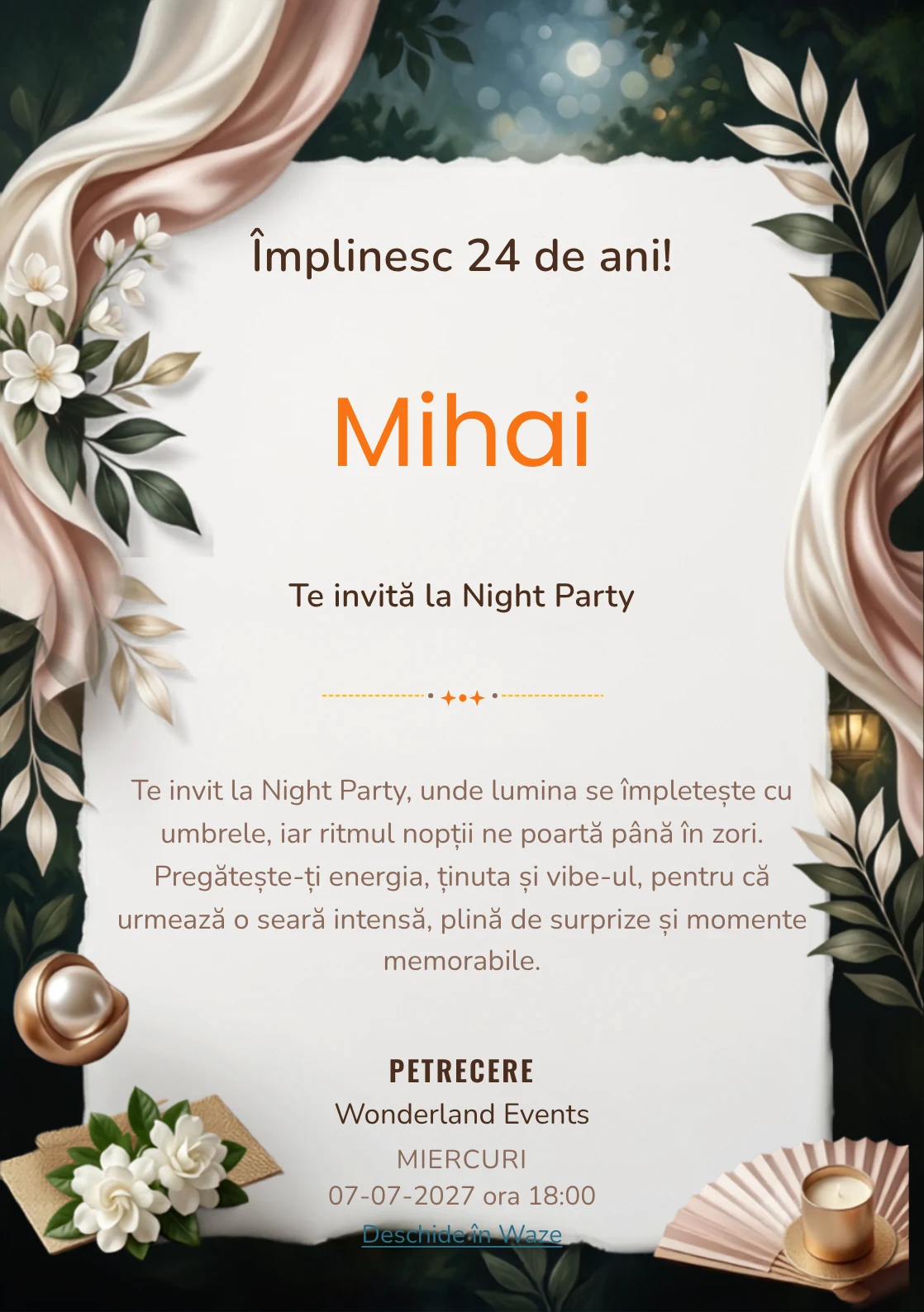 Silk Garden Night este un model de invitații digitale pentru o aniversare adultă, definit vizual de drapaje mătăsoase și frunze.