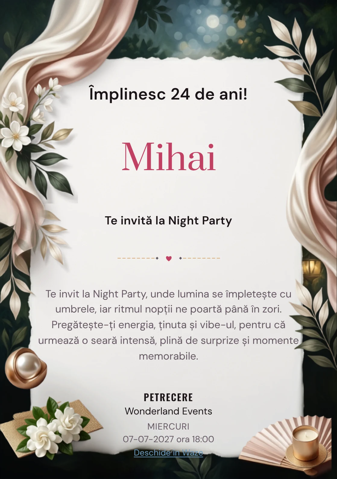 Silk Garden Night este un model de invitații digitale pentru o aniversare adultă, definit vizual de drapaje mătăsoase și frunze.