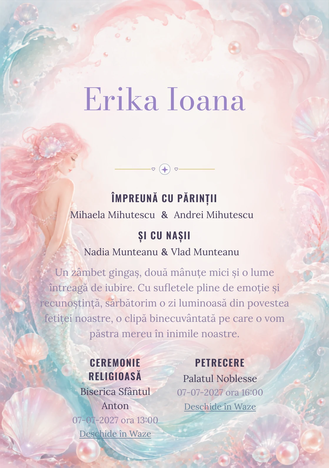 Compoziția Sirena Sidefată, din gama de invitații digitale botez, pune accent pe o sirenă originală cu coadă sidefată și include perle, valuri și scoici transparente.
