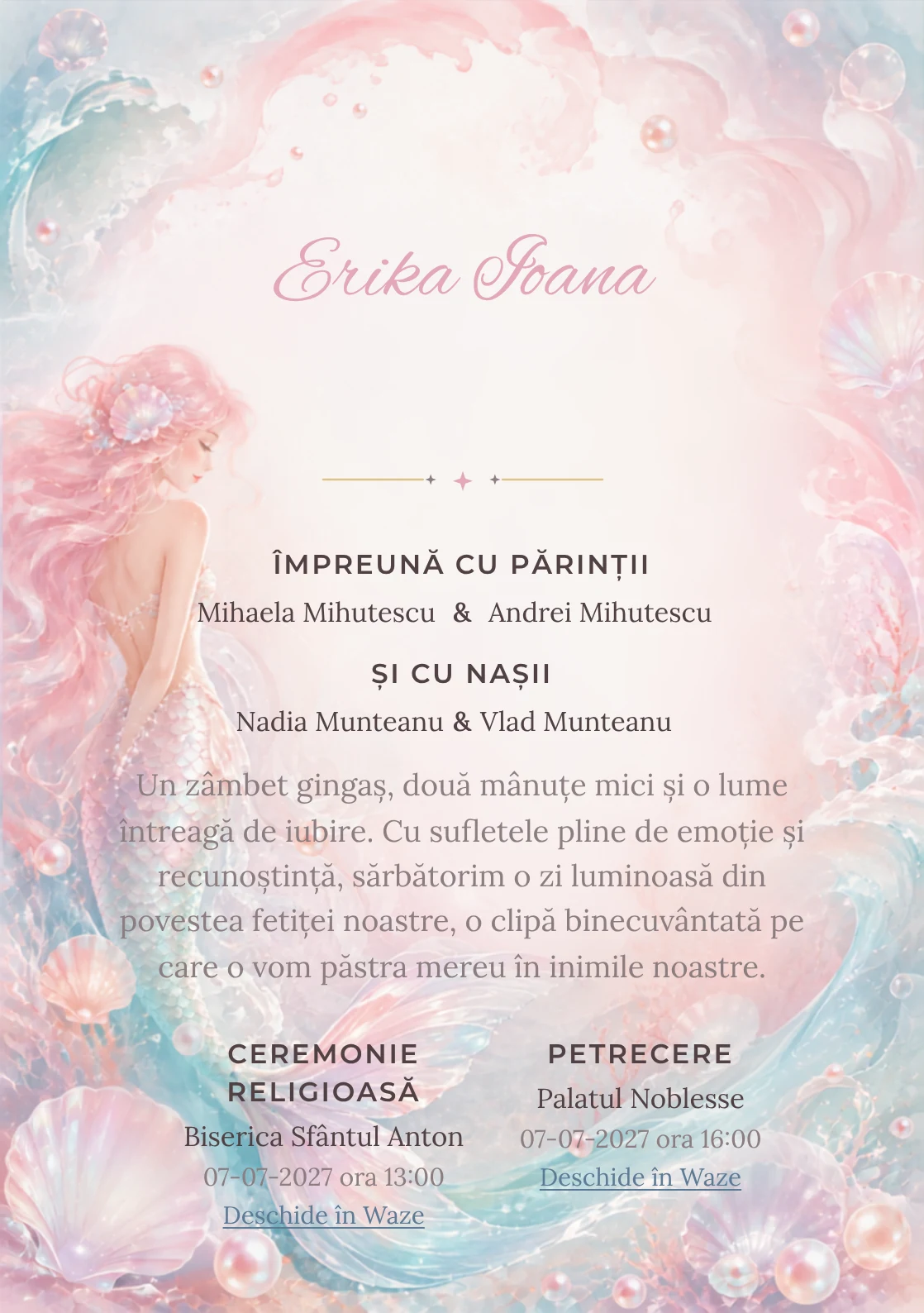 Compoziția Sirena Sidefată, din gama de invitații digitale botez, pune accent pe o sirenă originală cu coadă sidefată și include perle, valuri și scoici transparente.