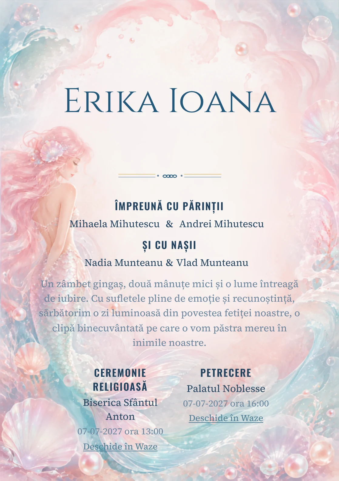 Compoziția Sirena Sidefată, din gama de invitații digitale botez, pune accent pe o sirenă originală cu coadă sidefată și include perle, valuri și scoici transparente.