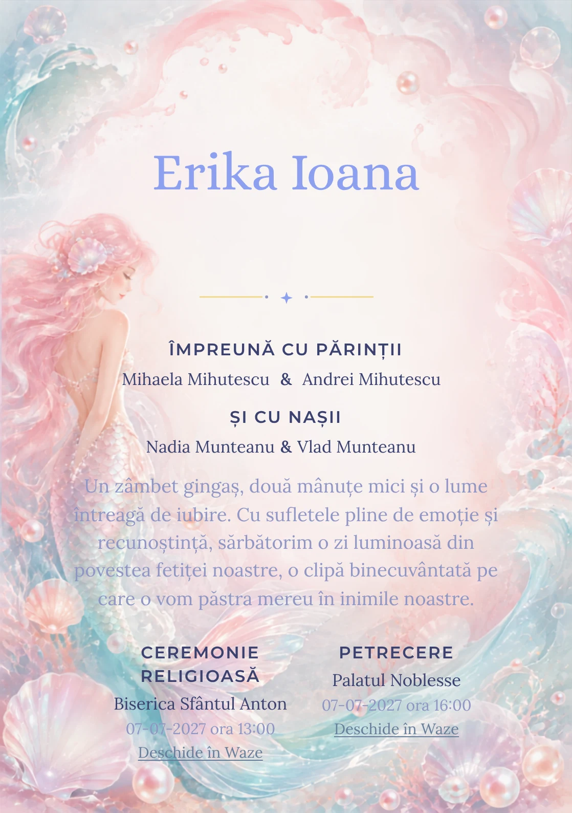 Compoziția Sirena Sidefată, din gama de invitații digitale botez, pune accent pe o sirenă originală cu coadă sidefată și include perle, valuri și scoici transparente.