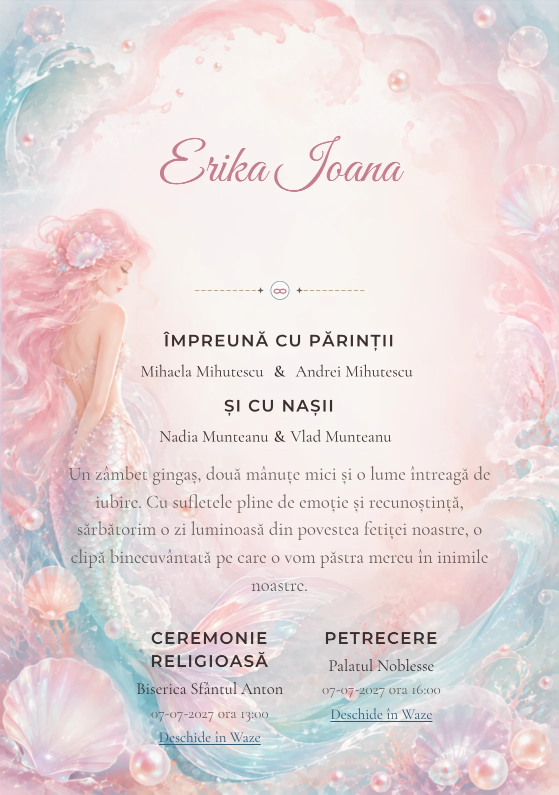 Compoziția Sirena Sidefată, din gama de invitații digitale botez, pune accent pe o sirenă originală cu coadă sidefată și include perle, valuri și scoici transparente.