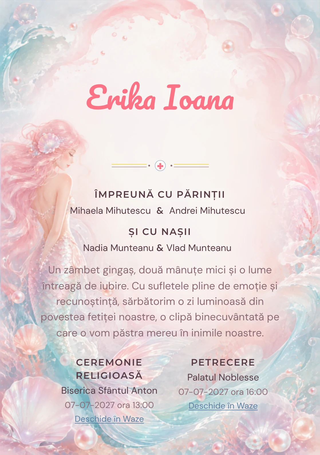 Compoziția Sirena Sidefată, din gama de invitații digitale botez, pune accent pe o sirenă originală cu coadă sidefată și include perle, valuri și scoici transparente.