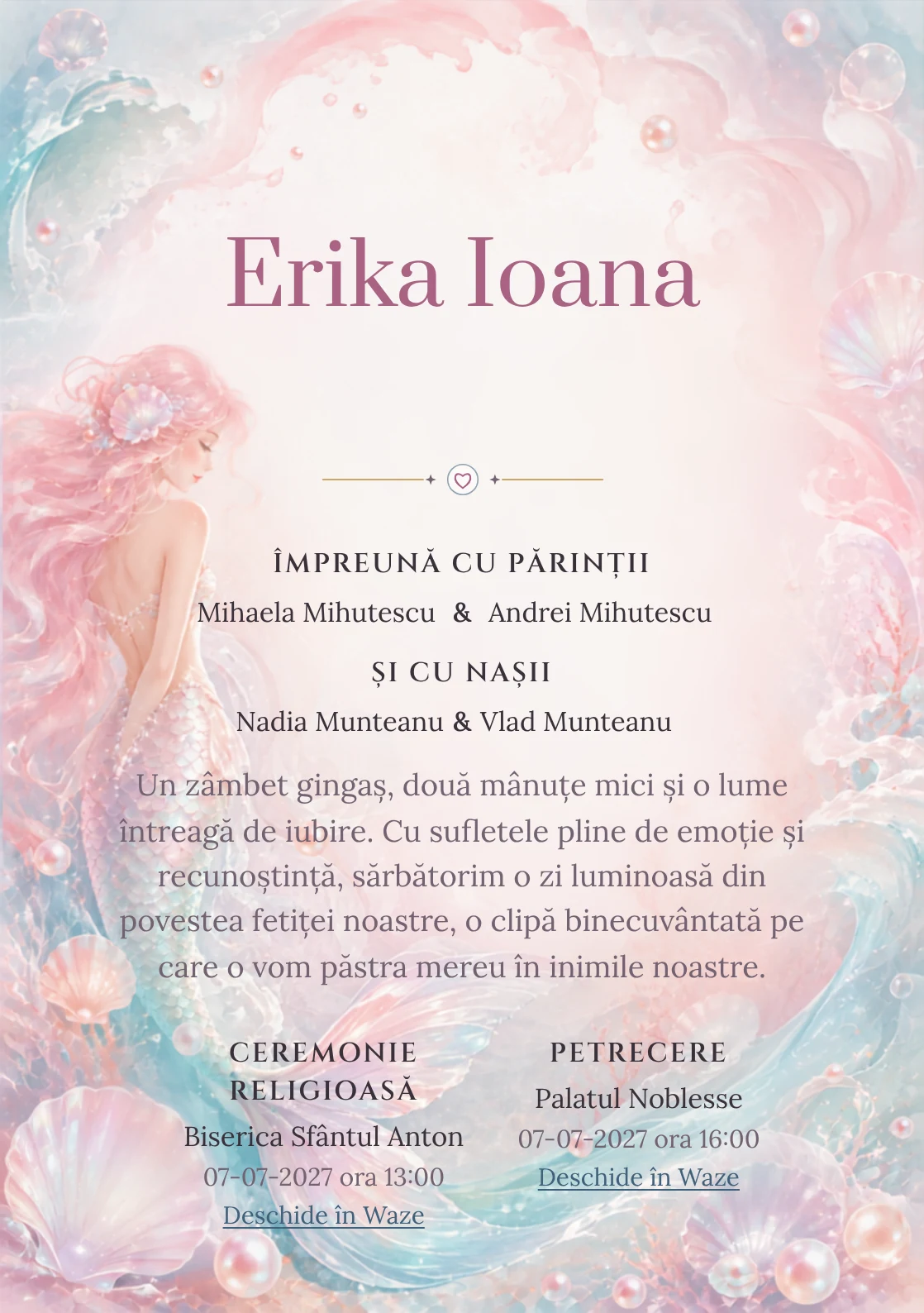 Compoziția Sirena Sidefată, din gama de invitații digitale botez, pune accent pe o sirenă originală cu coadă sidefată și include perle, valuri și scoici transparente.