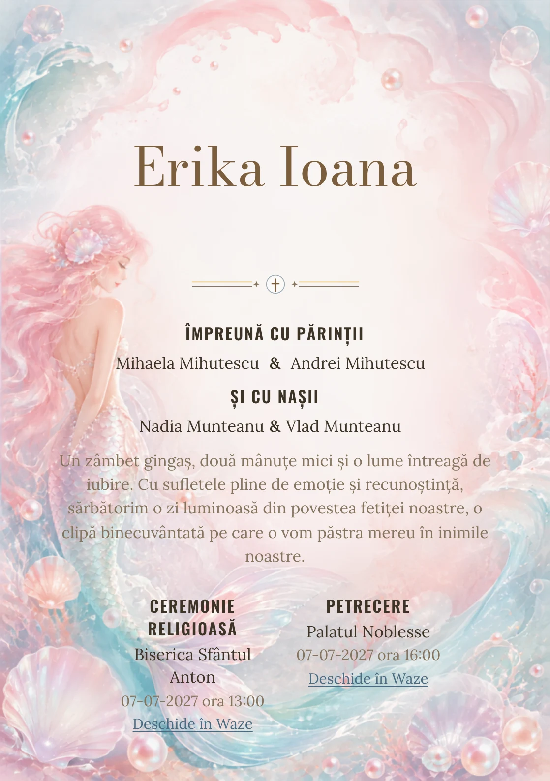 Compoziția Sirena Sidefată, din gama de invitații digitale botez, pune accent pe o sirenă originală cu coadă sidefată și include perle, valuri și scoici transparente.