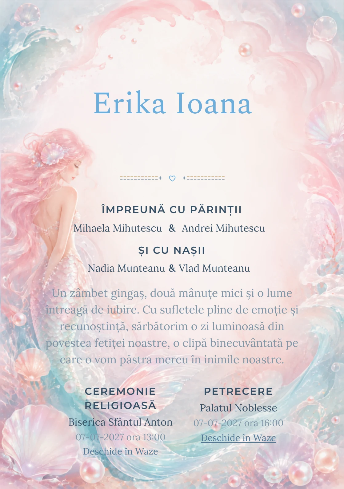 Compoziția Sirena Sidefată, din gama de invitații digitale botez, pune accent pe o sirenă originală cu coadă sidefată și include perle, valuri și scoici transparente.