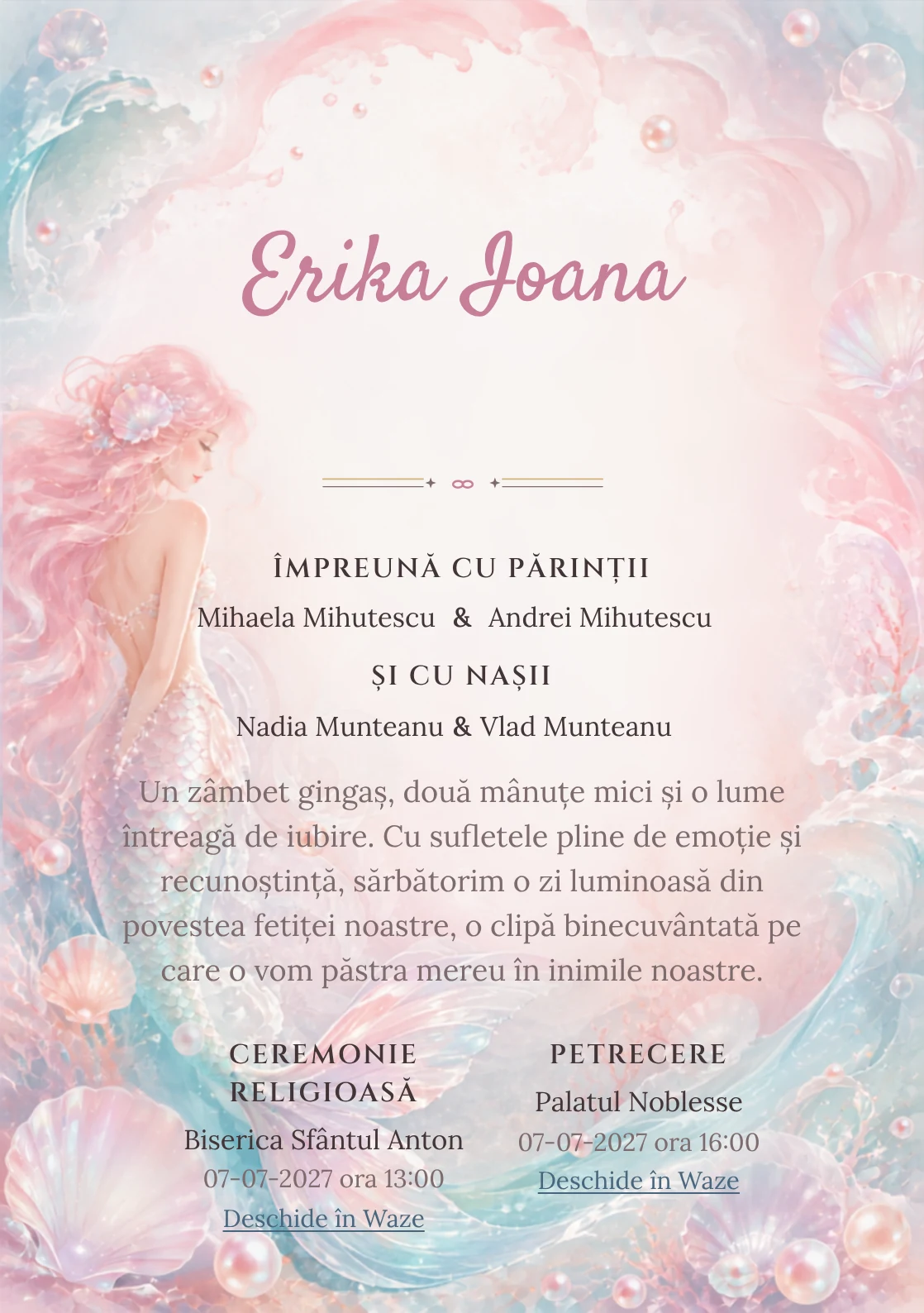 Compoziția Sirena Sidefată, din gama de invitații digitale botez, pune accent pe o sirenă originală cu coadă sidefată și include perle, valuri și scoici transparente.