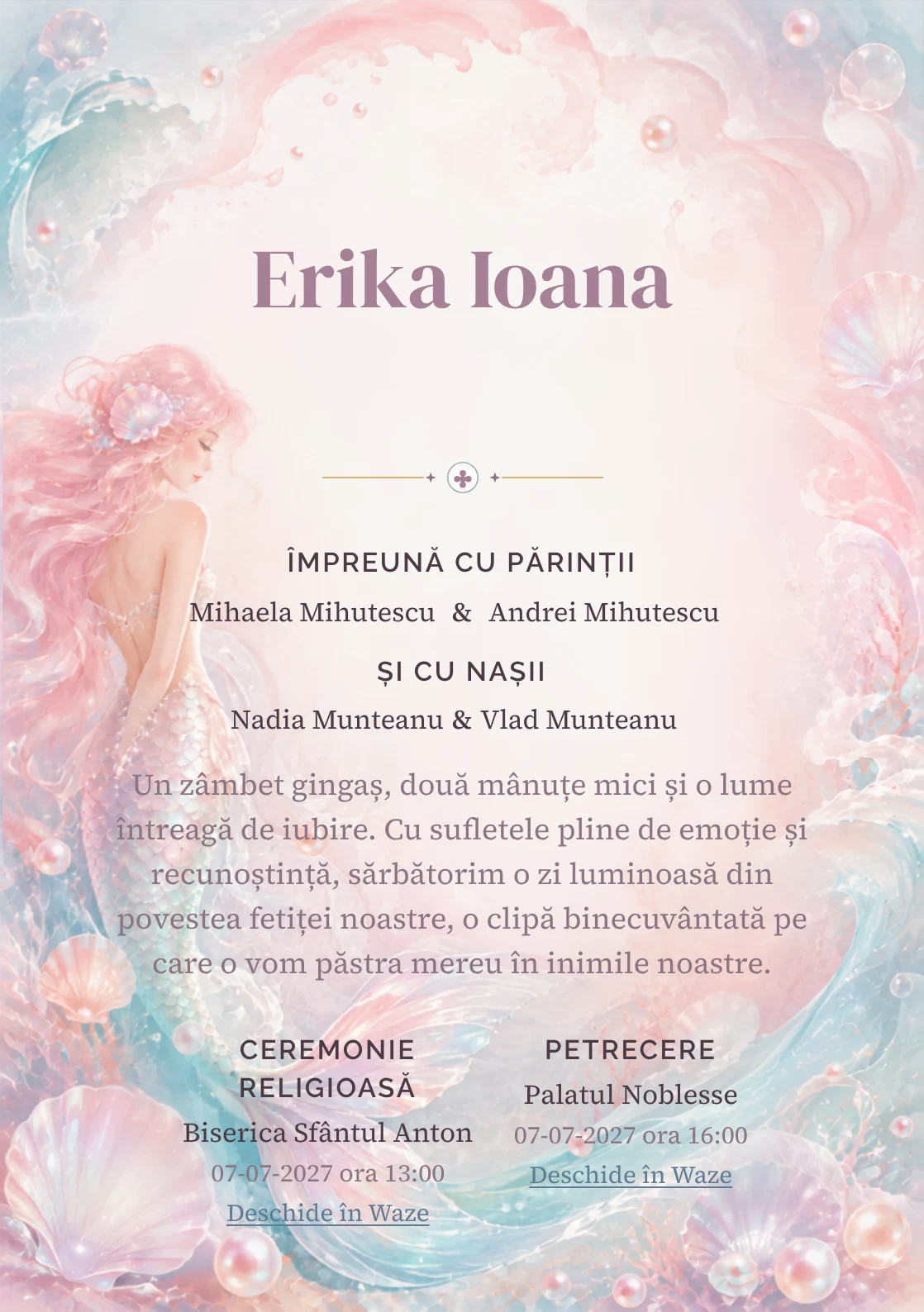 Compoziția Sirena Sidefată, din gama de invitații digitale botez, pune accent pe o sirenă originală cu coadă sidefată și include perle, valuri și scoici transparente.