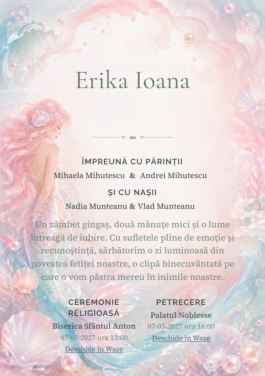 Compoziția Sirena Sidefată, din gama de invitații digitale botez, pune accent pe o sirenă originală cu coadă sidefată și include perle, valuri și scoici transparente.