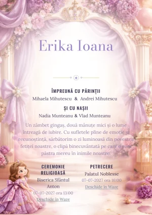 Sofia Regală, din gama de invitații botez fetiță, evidențiază Sofia Întâi într-un salon, alături de coroane miniaturale.