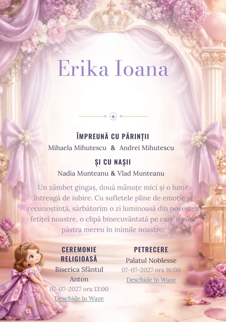 Sofia Regală, din gama de invitații botez fetiță, evidențiază Sofia Întâi într-un salon, alături de coroane miniaturale.