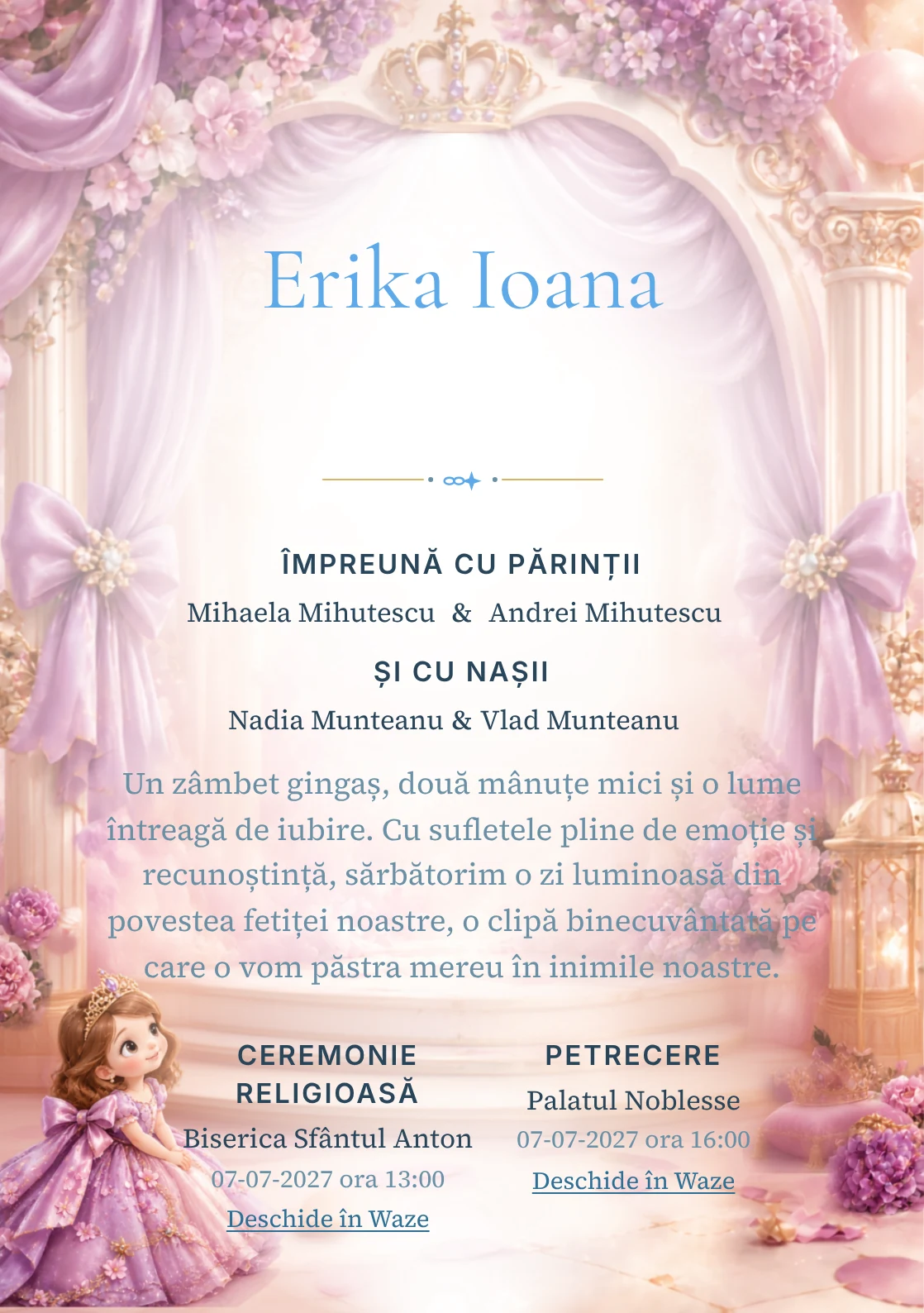 Sofia Regală, din gama de invitații botez fetiță, evidențiază Sofia Întâi într-un salon, alături de coroane miniaturale.