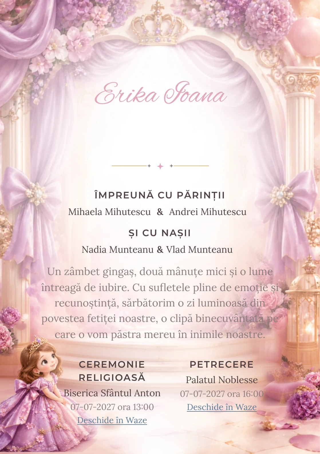 Sofia Regală, din gama de invitații botez fetiță, evidențiază Sofia Întâi într-un salon, alături de coroane miniaturale.