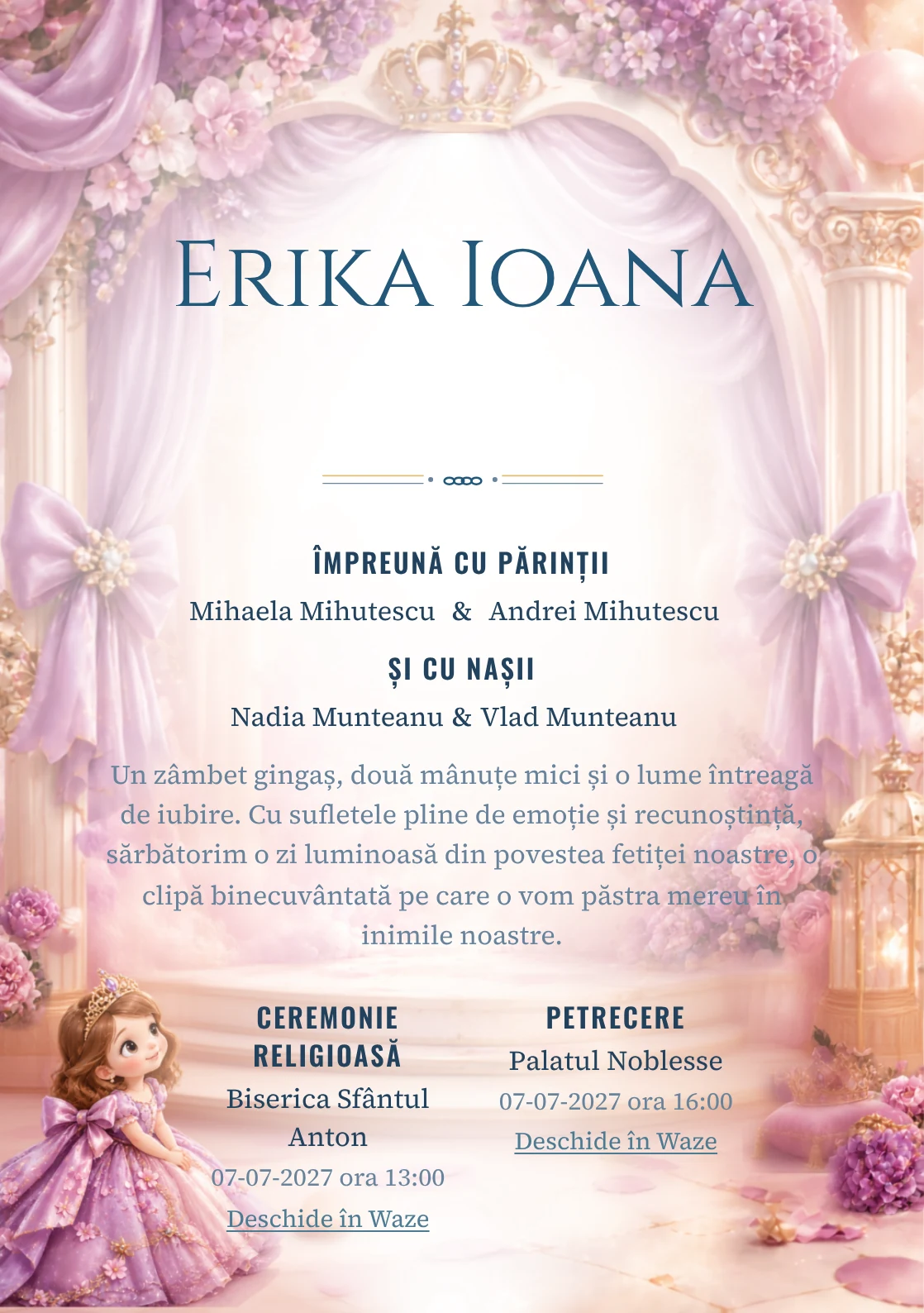 Sofia Regală, din gama de invitații botez fetiță, evidențiază Sofia Întâi într-un salon, alături de coroane miniaturale.