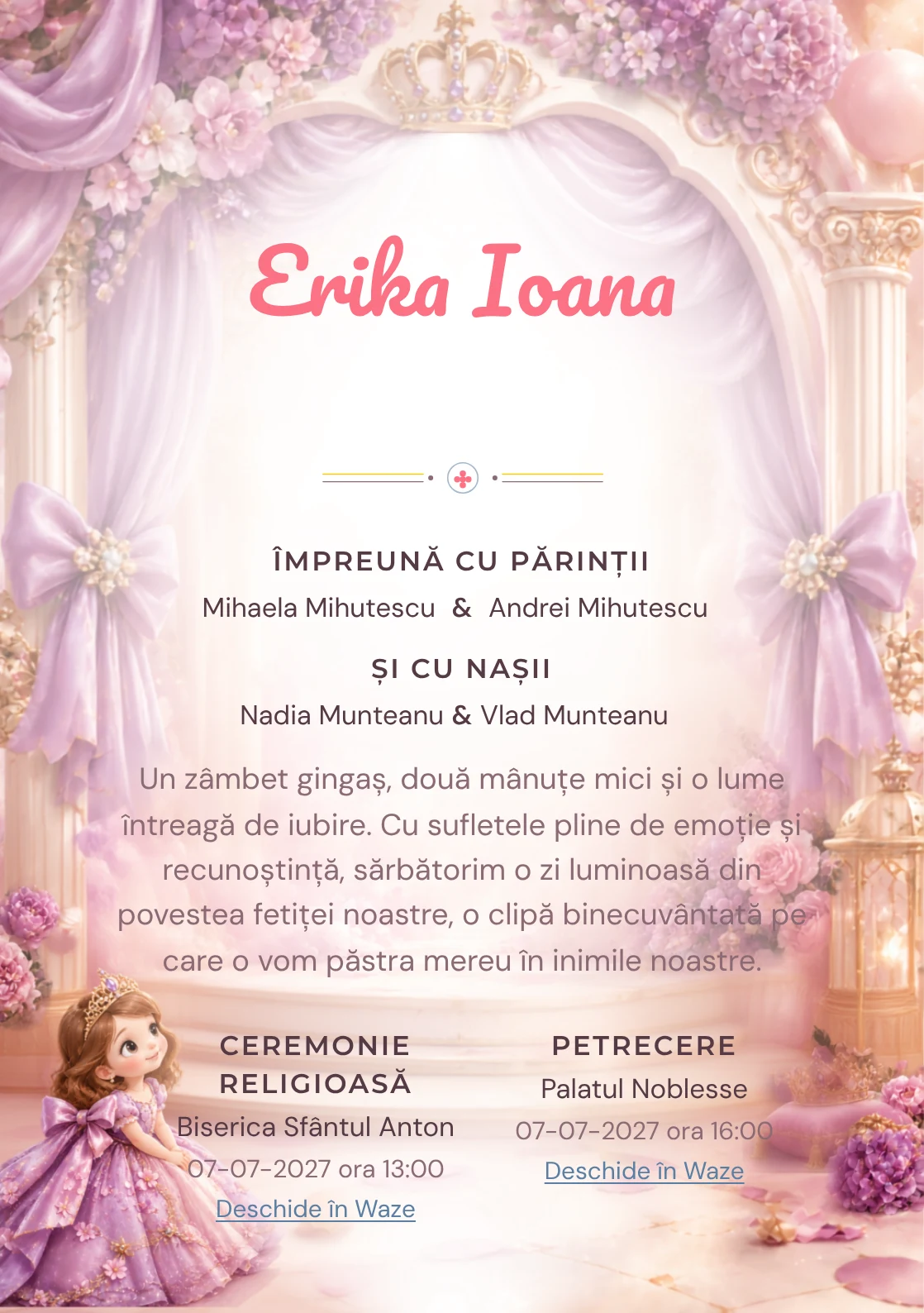 Sofia Regală, din gama de invitații botez fetiță, evidențiază Sofia Întâi într-un salon, alături de coroane miniaturale.