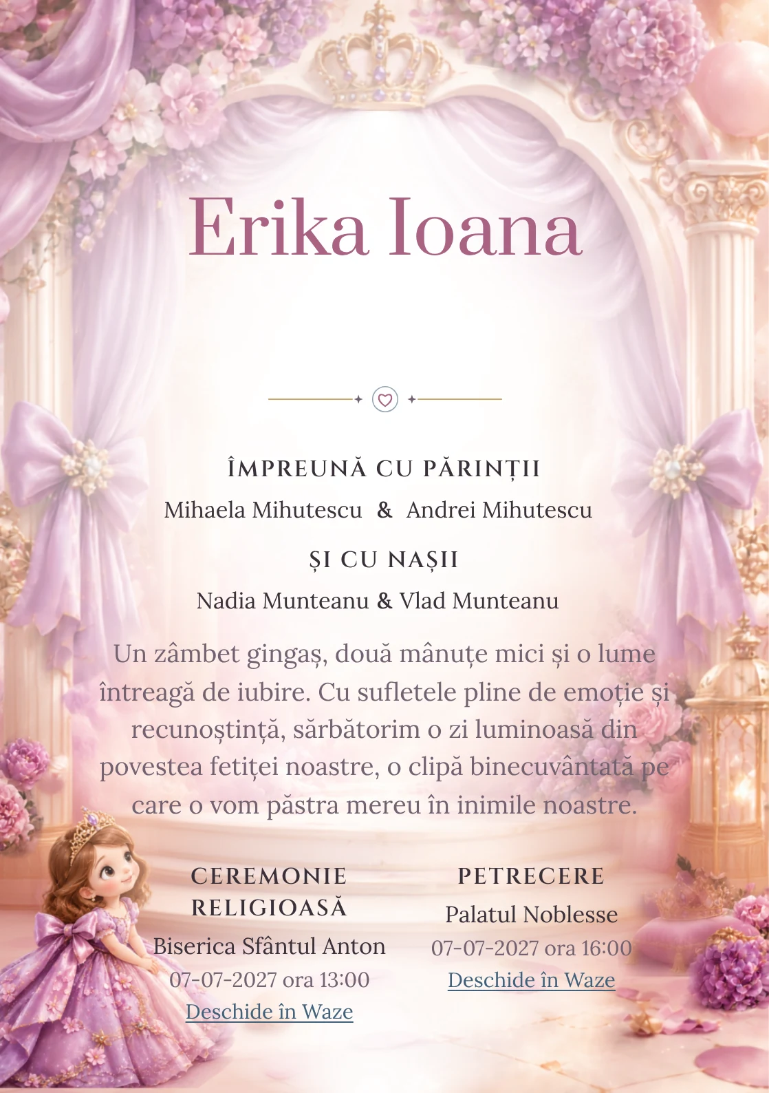 Sofia Regală, din gama de invitații botez fetiță, evidențiază Sofia Întâi într-un salon, alături de coroane miniaturale.