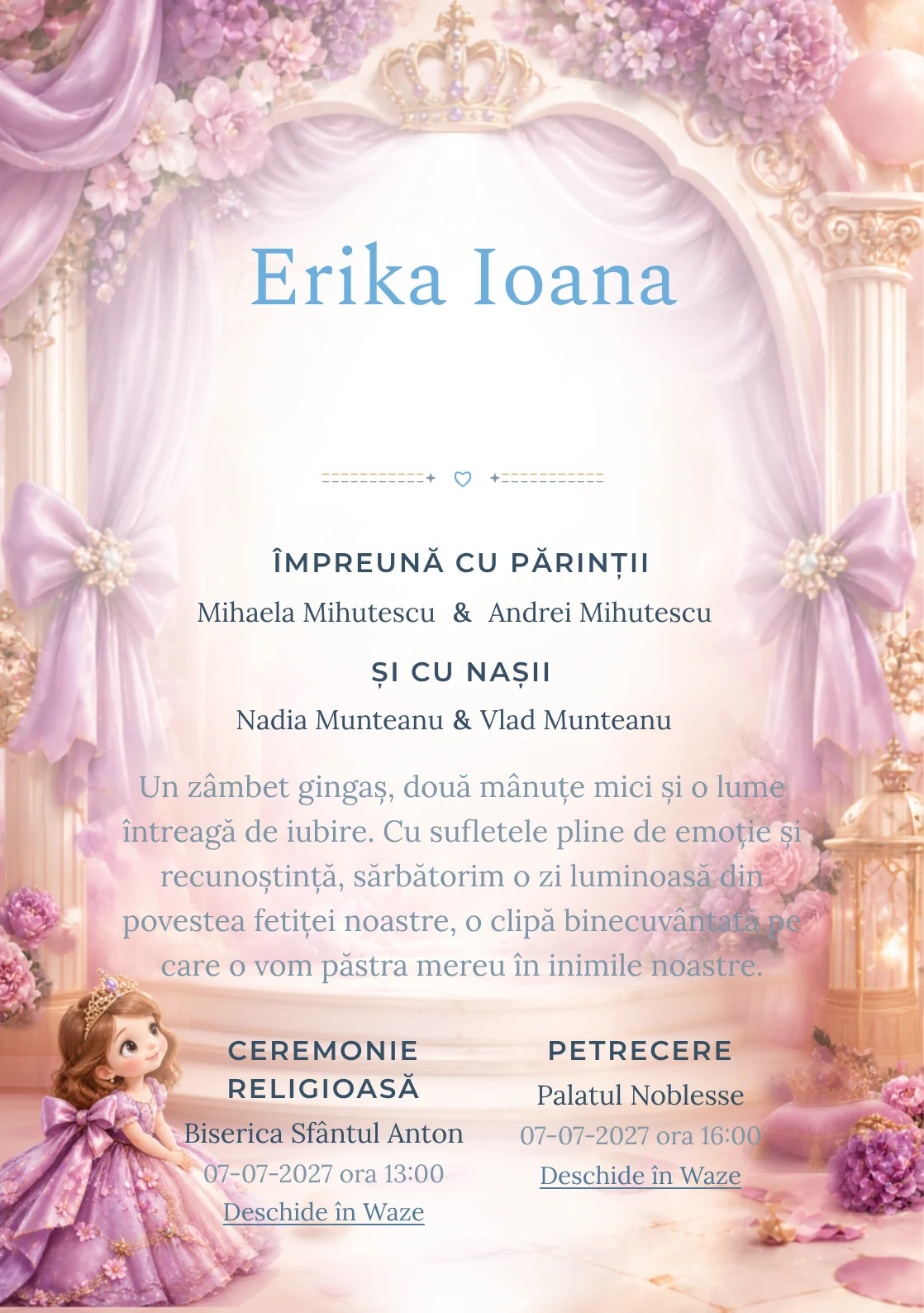 Sofia Regală, din gama de invitații botez fetiță, evidențiază Sofia Întâi într-un salon, alături de coroane miniaturale.